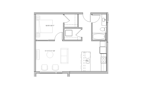 Floor plan for 1 bed, 1 bath, 678 sqft